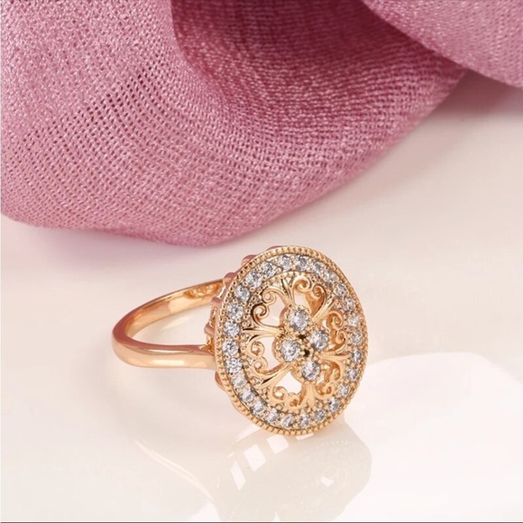 Luxury CZ Rose Gold Ring 585 art deco Retro New Size 6 - Picture 1 of 11